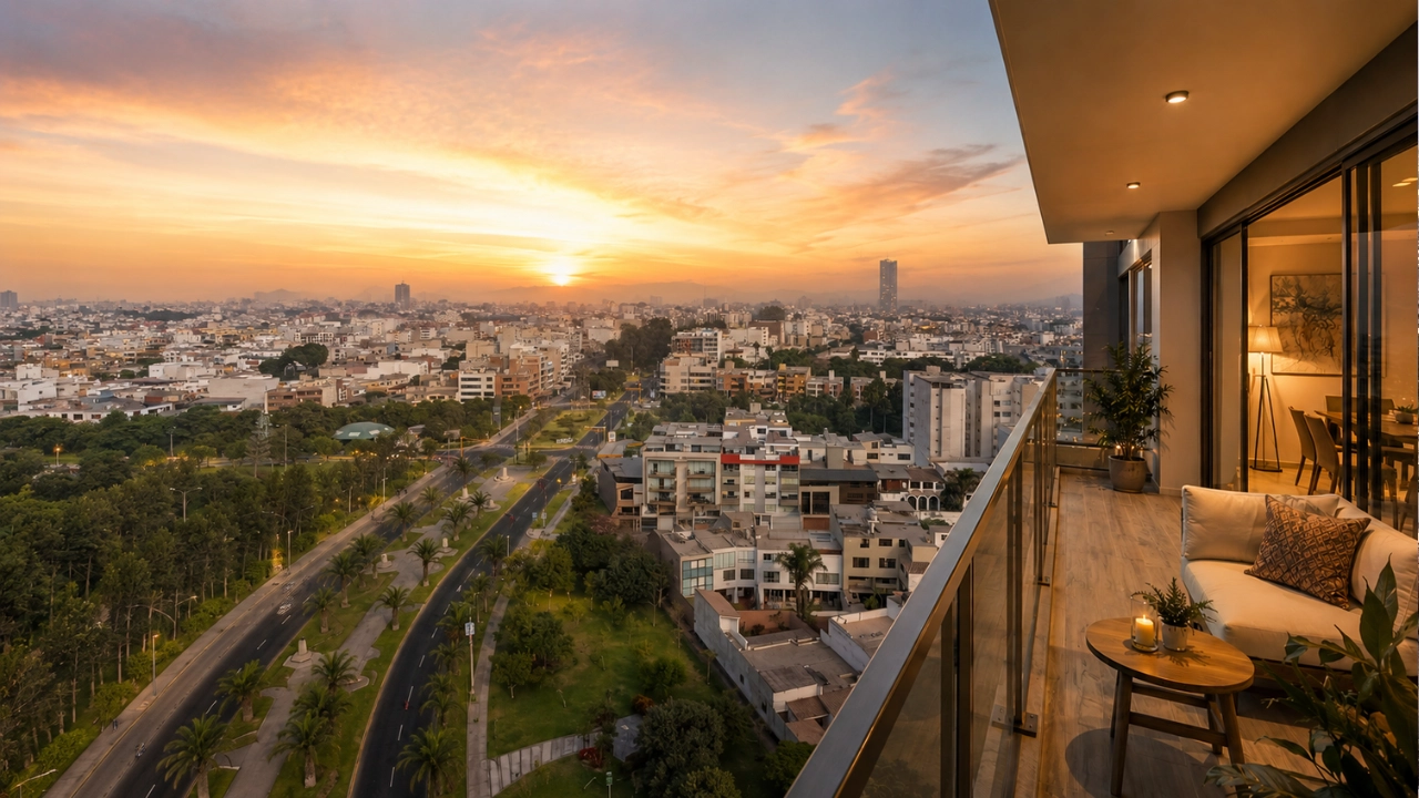 Vista panorámica de un departamento en San Borja y áreas verdes del distrito al atardecer